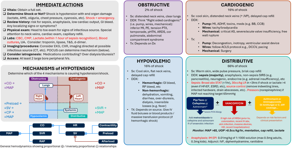Clinical infographic titled 'Shock and Hypotension' organized into four main shock types—Obstructive, Cardiogenic, Hypovolemic, and Distributive—each color-coded with definitions, signs and symptoms, differential diagnoses, and treatment strategies. The top left section lists immediate actions including vital signs, history, physical exam, labs, imaging, and IV access. A central diagram illustrates the mechanisms of hypotension, breaking down hemodynamic components like cardiac output (CO), systemic vascular resistance (SVR), preload, afterload, and mean arterial pressure (MAP). Obstructive and cardiogenic shock affect right and left heart function, respectively. Distributive shock includes sepsis as the primary cause, recommending prompt broad-spectrum antibiotics and fluid resuscitation. Hypovolemic shock emphasizes volume loss through GI bleeding, dehydration, or dialysis. A flowchart at the bottom visualizes physiologic relationships among hemodynamic variables in shock states. Treatment boxes include antibiotic combinations (e.g., vancomycin + cefepime), fluid management, and monitoring endpoints such as MAP >65, urine output, lactate, and mentation.